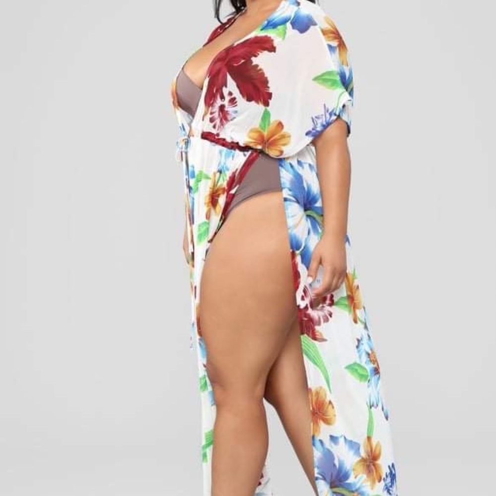 Fashion Nova White Floral Swim Coverup with Red, Blue & Green Accents - Picture 3 of 5